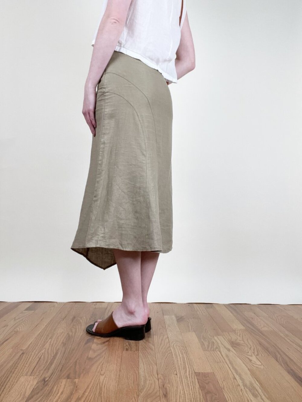 Vintage 90s Linen Midi Skirt Asymmetric High Waisted Minimalist Coastal 1990's - Picture 6 of 8